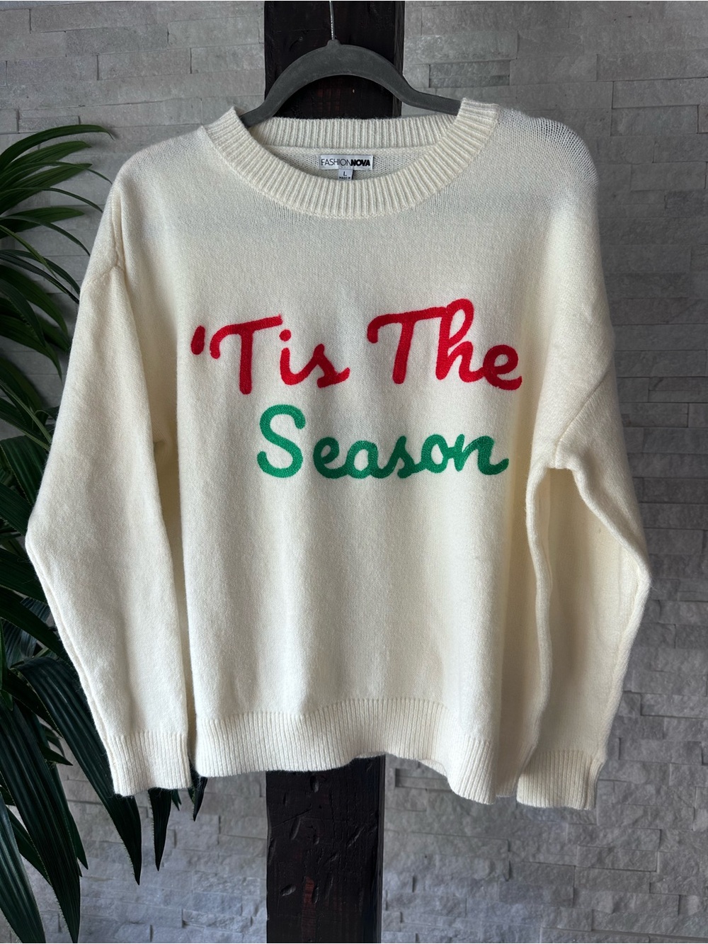 Fashion Nova “Tis The Season” Cream Holiday Christmas Sweater Large New Tags